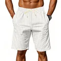 Detail of men's loose linen shorts with vertical stripes and drawstring waist - S / Bottoms / White