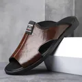 Men's breathable brown leather non-slip beach slide sandals in casual style - 38 / Brown