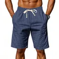 Detailed view of men's loose blue striped linen shorts with white adjustable drawstring waist - Navy Blue
