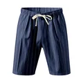 Close-up detail of navy blue vertical striped beach shorts with cream drawstring - S / Bottoms / Navy Blue