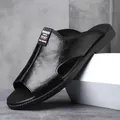 Professional black leather men's slip-on sandals featuring a breathable open-toe design - 38 / Black