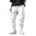Detailed shot of white men's outdoor cargo pants with multi-pocket design and jogger cuffs - S / Bottoms / White