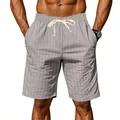 Casual men's grey vertical striped linen shorts with white drawstring shown on male model - Gray