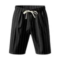 Detailed view of men's black vertical pinstripe shorts featuring a cream drawstring waist tie - S / Bottoms / Black