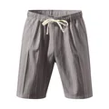 Detail view of men's breathable linen shorts with vertical stripes and drawstring. - S / Bottoms / Gray