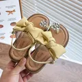 Children's light yellow bow-knot sandals with sparkly rhinestone flower for summer - Size 26 (Inner Length 16.4cm) / Yellow