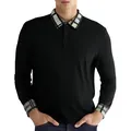 Detailansicht eines schwarzen Herren-Langarm-Poloshirts mit schickem Karokragen und Manschetten - Schwarz