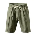 Detailed view of men's army green linen shorts with white vertical stripes and drawstring. - Army Green