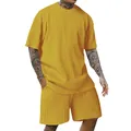 Men's mustard yellow sports set featuring a distinctive vertical jacquard texture detail - S / Tops / Yellow