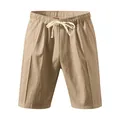 Close-up showing the vertical stripes and drawstring waist of khaki linen men's shorts - Khaki