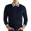 Dunkelblaues Langarm-Poloshirt für Herren mit modischem Karokragen und Manschetten. - Marineblau