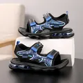 Ademende blauwe camouflage sportsandalen voor jongens met luchtkussenzool en klittenband - Zwart & Koningsblauw