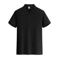 Front view of a premium minimalist black men's cotton polo shirt with short sleeves - M / Tops / Black