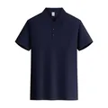 Frontal view of a classic dark navy blue men's short-sleeved piqué cotton polo shirt - M / Tops / Navy Blue