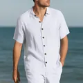 Casual men's white short sleeve linen shirt featuring a breast pocket for summer. - S / Tops / White