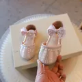 Elegant pink girls princess shoes featuring pearls rhinestones and a stylish bow accent - Size 23 Inner Length 14.5cm / Pink