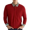 Detailansicht eines roten Langarm-Poloshirts für Herren mit kariertem Kragen und Ärmeln. - Rot