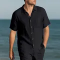 Men's black short sleeve beach shirt with relaxed fit and button-down collar - S / Tops / Black