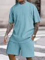 Lässiges hellblaues Set aus strukturiertem Jacquard-T-Shirt mit Rundhals und Shorts für Herren - Hellblau