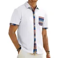 Close-up of bohemian striped pocket detail on white short sleeve button-down casual shirt - S / Tops / White