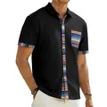 Detail view of men's black polo shirt with bohemian striped contrast on pocket and placket - S / Tops / Black