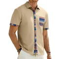 Close-up detail of the colorful bohemian striped pocket on the khaki casual shirt - S / Tops / Khaki