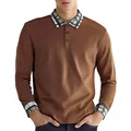 Detailansicht des braunen Herren-Poloshirts mit kariertem Kragen und Manschetten für den Herbst - Khaki