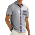 Close-up of bohemian striped details on a men's grey casual short sleeve shirt - S / Tops / Light Gray