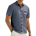 Detail view of men's casual short sleeve shirt featuring Bohemian striped trim - Dark Gray