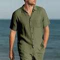 Summer casual men's olive green short sleeve linen shirt and shorts set at the beach - S / Tops / Army Green