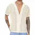 Close-up of men's cream lace hollow shirt featuring intricate geometric patterns and lapel - Apricot