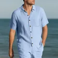 Men's summer casual short-sleeve shirt set in light blue, perfect for beach vacations - Light Blue