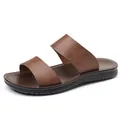 Chanclas de cuero marrón para hombre con doble tira y suela suave antideslizante - Marrón