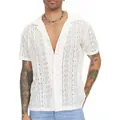Fashionable men's white short sleeve lace shirt featuring hollow-out geometric patterns - White