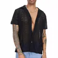 Men's black lace hollow-out short sleeve shirt with sexy see-through fashion design - Black