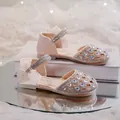 Pink girls' princess sandals with hollow-out rhinestone design and bow ankle strap - Size 23 (Inner 14.5cm) / Pink
