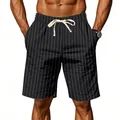 Mens black and white striped linen beach shorts with drawstring waist for summer - S / Bottoms / Black