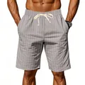 Men's casual grey vertical striped linen shorts with adjustable drawstring for summer - S / Bottoms / Gray