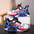 Blue and red boys' sports sneakers with breathable mesh upper and rotary knob closure. - 28 / Sporty Trendy Basketball Shoes (2188) / Dark Blue Red