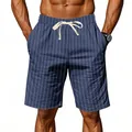 Men's blue striped casual linen shorts with drawstring waist for summer beach wear. - S / Bottoms / Navy Blue