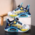 Blue and white boys' athletic sneakers with breathable mesh and rotary buckle closure. - 28 / Sporty Trendy Basketball Shoes (2188) / Yellow Blue