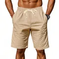 Men's casual striped linen shorts in khaki with drawstring waist for summer beach wear - Khaki