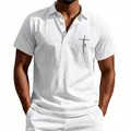 Close-up view of a white linen male polo shirt featuring a black faith cross print on the chest - S / Tops / White