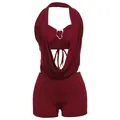Tuta sexy bordeaux con scollo all'americana per donna con profondo scollo a V e ritagli - Taglia S / Borgogna (Top E Bottom)