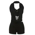 Tuta corta sexy da donna con scollo all'americana e profondo scollo a V nera estiva - Taglia S / Nero (Top E Bottom)