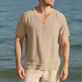 Close-up view of a men's casual slub linen texture Henley T-shirt in beige color - S / Tops / Khaki