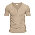 Detailed view of the textured breathable fabric on a men's khaki Henley T-shirt - S / Tops / Khaki