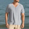 Men's breathable grey slub linen-look Henley short-sleeve T-shirt for casual summer wear - Light Gray