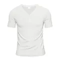Detailed view of white men's short-sleeved Henley T-shirt with textured slub fabric - S / Tops / White