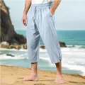 Men's casual light blue cotton linen beach pants with elastic drawstring waist detail - Light Blue